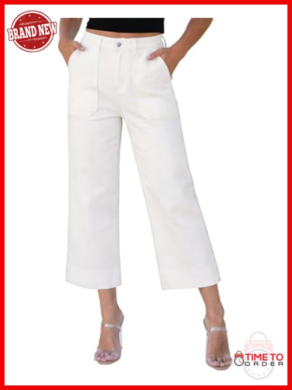 High Waist Wide Leg Cropped Capri Jeans with Patch Pockets